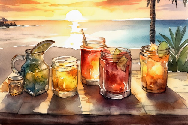 Cocktails tropicaux sur la plage avec fond coloré de coucher de soleil sur la mer Generative AI