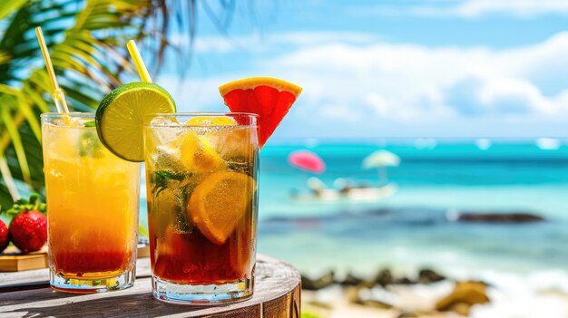 Des cocktails tropicaux sur une table de plage avec la mer en arrière-plan Vacances d'été