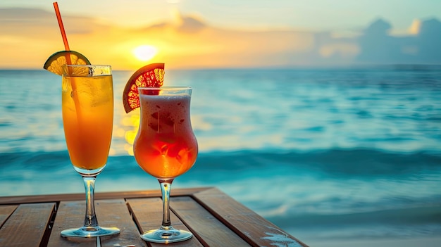 Des cocktails tropicaux sur une table de plage avec la mer en arrière-plan Vacances d'été