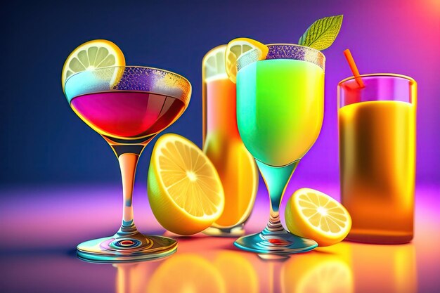Cocktails en verre avec du citron sur un fond coloré Illustration 3D de divertissement de club de fête