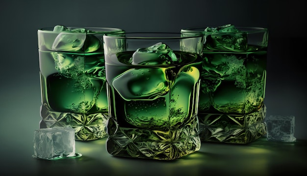 Cocktails verts avec des glaçons sur une table