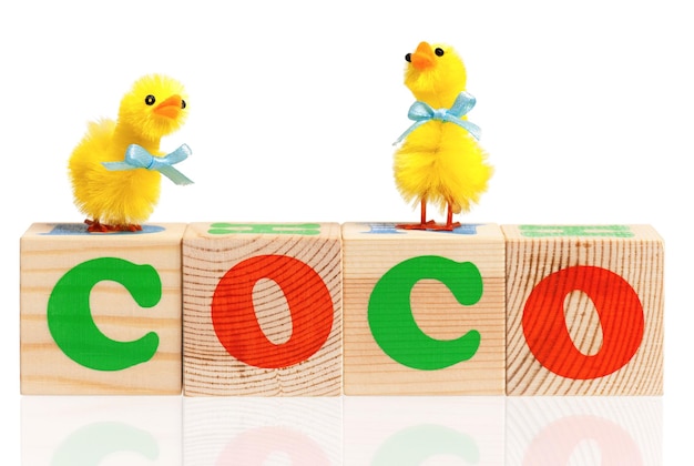 Coco mot formé par des blocs de l'alphabet en bois coloré isolé sur fond blanc