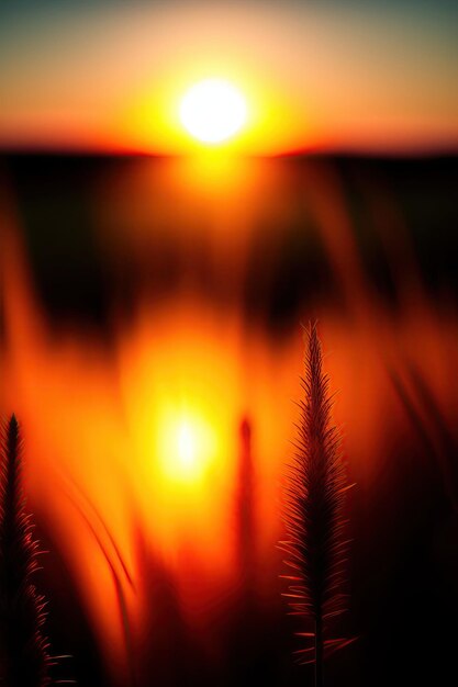 Cocograss d'herbe de noix contre la lumière du soleil dans le flou du paysage au coucher du soleil