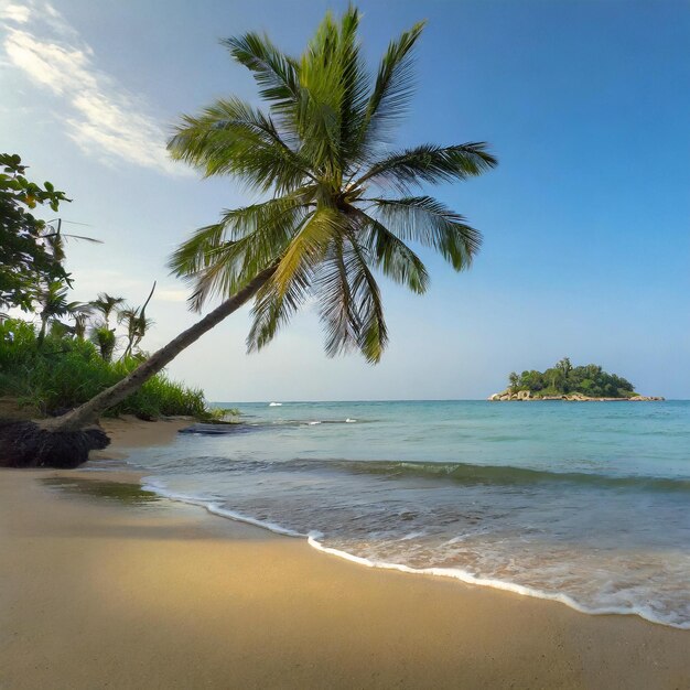 Photo un cocotier au bord de la mer à résolution 4k eau bleue sable propre coucher de soleil