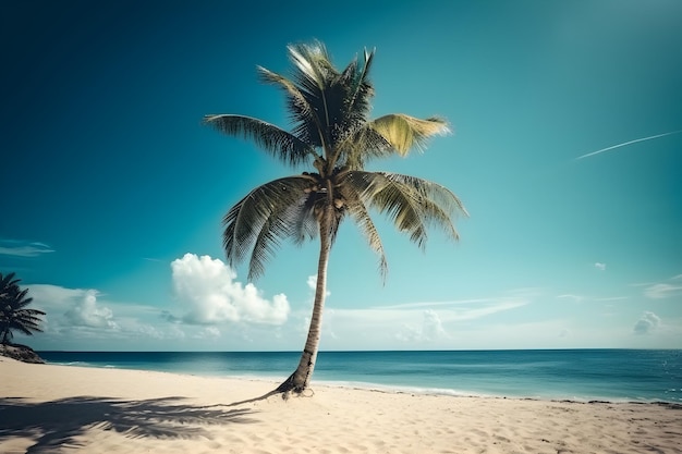 Cocotier sur la plage avec ciel et mer