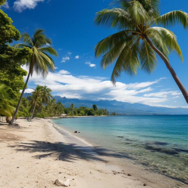 Des cocotiers sur une plage tropicale au sable blanc et à l'eau cristalline