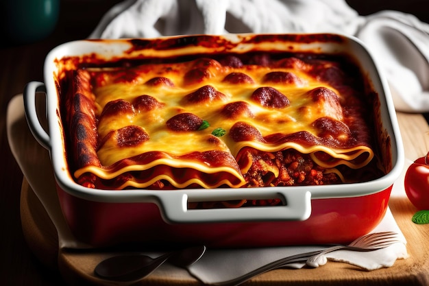 Une cocotte rouge avec des lasagnes de boeuf italiennes dessus