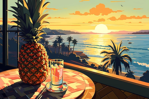 Coctaile en verre sur la table avec ananas et orange sur fond de mer avec coucher de soleil parfait pour