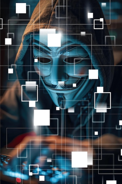 Photo le codage d'un hacker avec un masque anonyme.