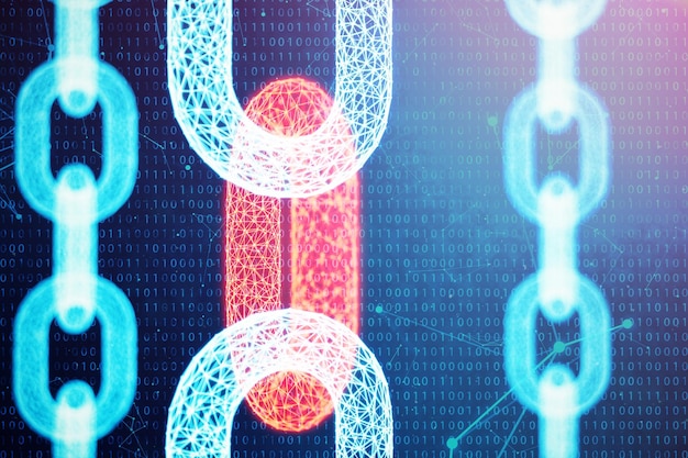 Code de chaîne de bloc numérique d'illustration 3D. Réseau de maillons de chaîne. Grille polygonale basse de triangles brillant dans un réseau de points bleus, arrière-plan abstrait. Concept de réseau, communication internet.
