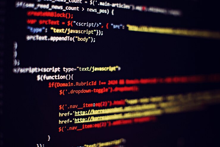 Photo code de programmation du développeur de logiciels. code de script informatique abstrait. mise au point sélective