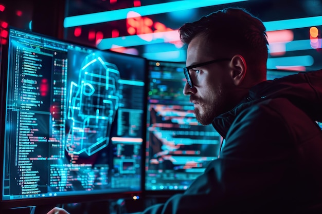 code de programmeur homme sur écran d'ordinateur avec hologramme de cybersécurité