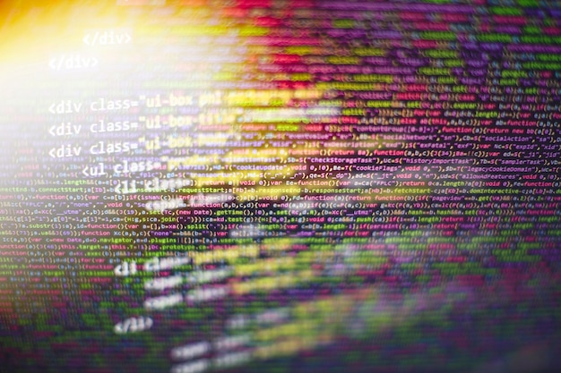 Code de script informatique abstrait. Écran de code de programmation du développeur de logiciels. Temps de travail de programmation de logiciels. Texte de code écrit et créé entièrement par moi-même.