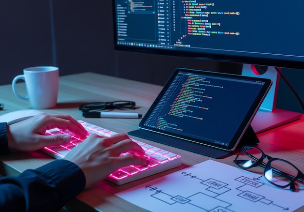 Coding and Programming Setup with Illuminated Keyboard and Display