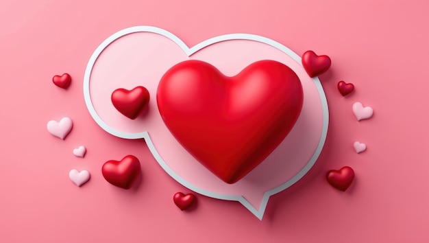 Cœur 3D avec bulle de parole sur fond rose parfait pour les thèmes d'amour et de romance