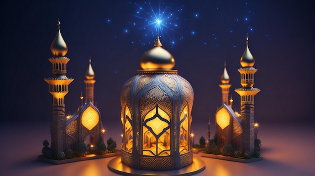 Le cœur 3D du Ramadan Kareem Eid Mubarak lampe royale élégante avec porte sainte de la mosquée avec feux d'artifice