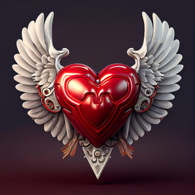 Coeur ailé coeur rouge avec des ailes blanches love valentine concept 3d render illustration