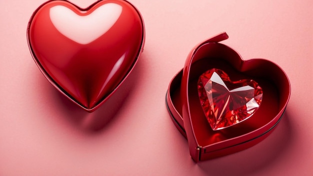 Un cœur d'amour en cristal rouge brillant dans une boîte cadeau parfaite pour célébrer la Saint-Valentin