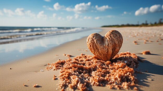 Coeur d'amour dans le sable avec plage de mer au loin