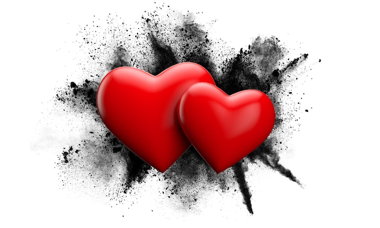 Photo coeur d'amour rouge contre une explosion de poudre grunge rendu d