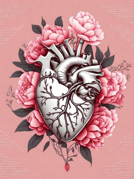 Coeur anatomique avec illustration vectorielle de fleurs de pivoine