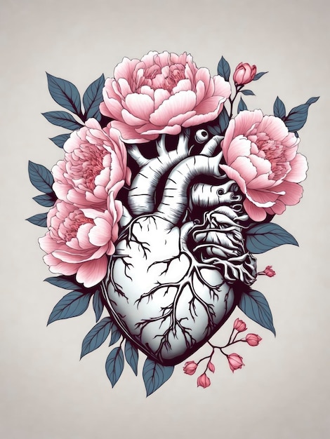 Coeur anatomique avec illustration vectorielle de fleurs de pivoine