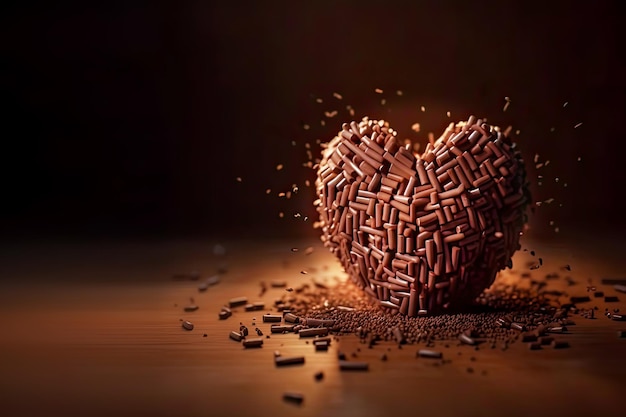 Cœur au chocolat avec des morceaux volants sur un fond brun foncé Nourriture sucrée saine