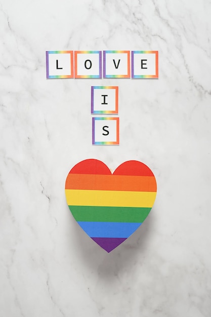 Coeur aux couleurs du mouvement LGBTQ avec la phrase Love is love Concept de tolérance