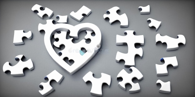 Photo coeur blanc composé de pièces de puzzle symboliques sur l'autisme, représentation de l'unité et du soutien