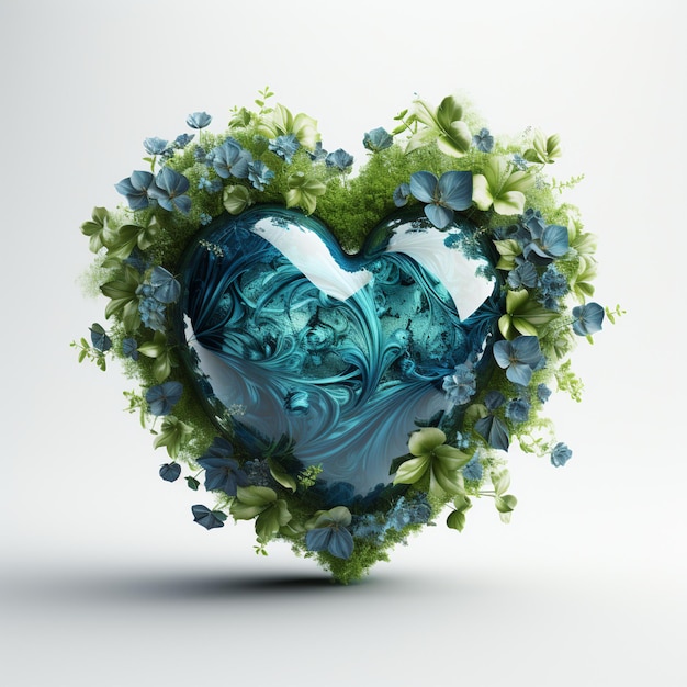 Un cœur bleu vert avec la planète à l'intérieur sur un blanc