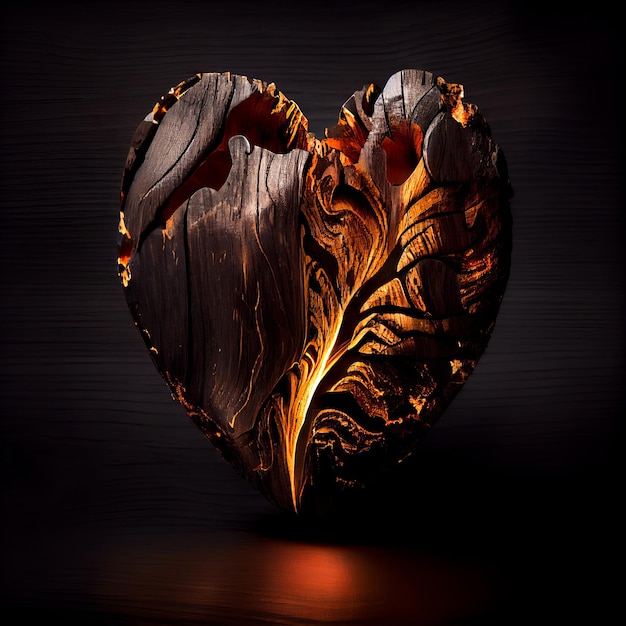 Coeur en bois en feu isolé sur fond noir