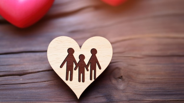 Un cœur en bois avec une silhouette de famille gravée sur elle symbolisant l'amour et l'unité