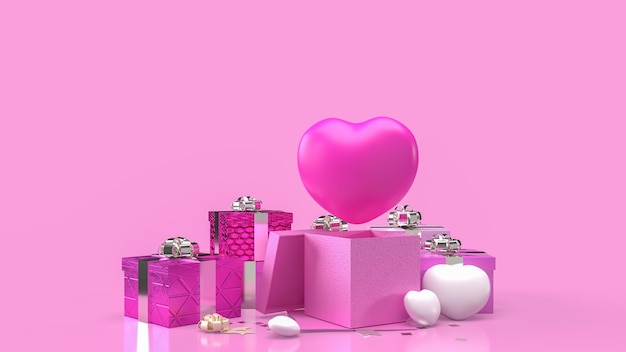 Le coeur et la boîte-cadeau pour le rendu 3d du concept de célébration de la saint-valentin