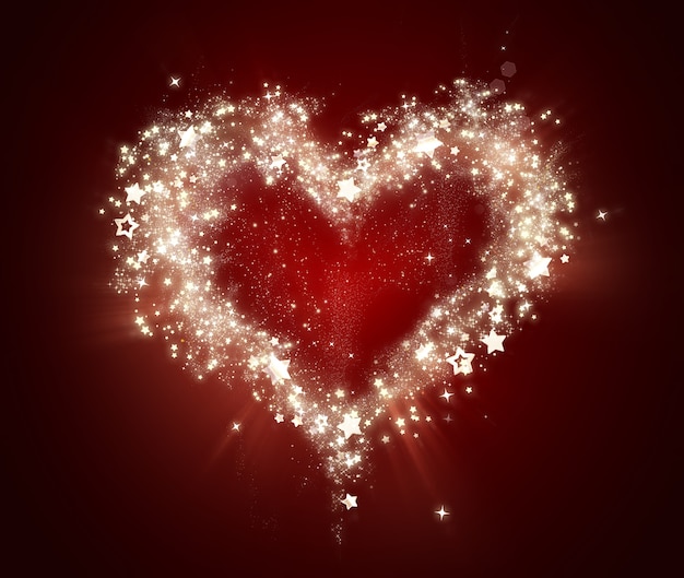 Photo coeur brillant lumineux sur fond rouge