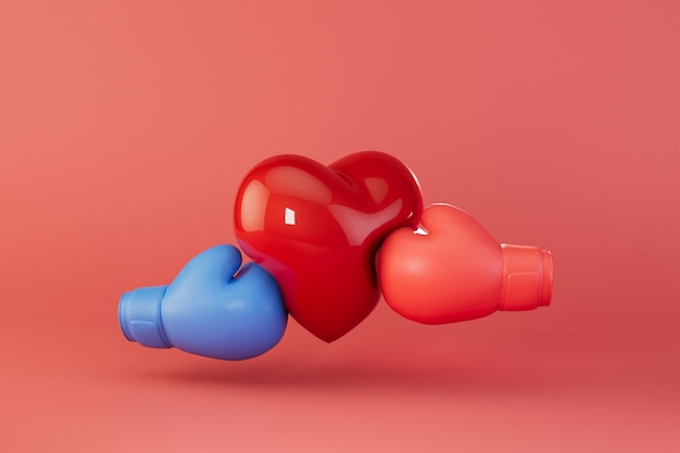 Un cœur brisé gants de boxe rouges et bleus des deux côtés battre le cœur sur un rendu 3D de fond rouge