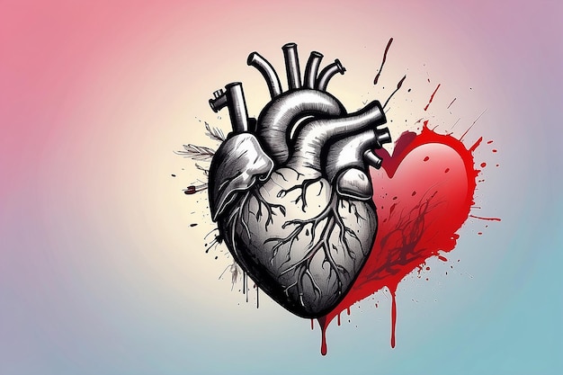 Cœur brisé avec stylo d'illustration de dessin à l'encre sur fond coloré