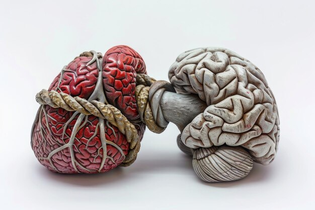 Le cœur et le cerveau sont reliés par un nœud sur un fond blanc.