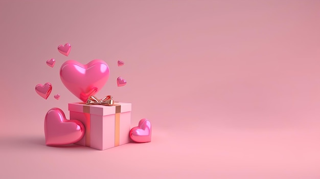 Coeur et coffret cadeau 3d illustration isolé sur fond rose avec espace de copie