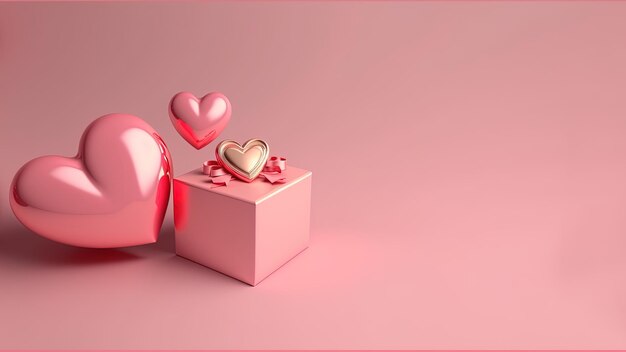 Coeur et coffret cadeau 3d illustration isolé sur fond rose avec espace de copie