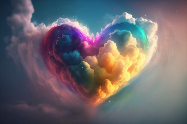 Le coeur coloré flotte parmi des nuages créant un fond rêveur abstrait