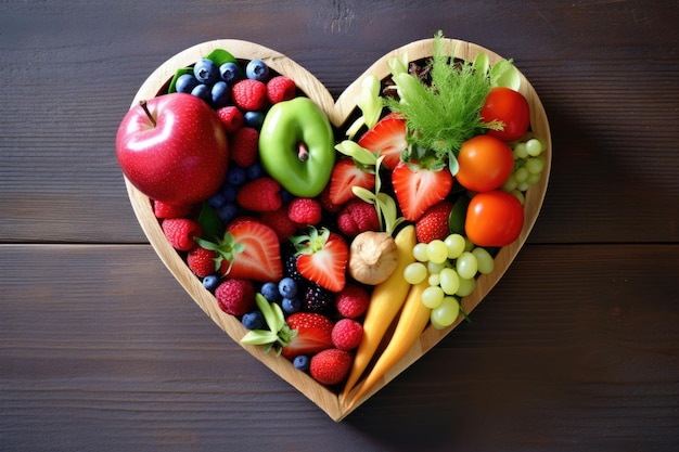 Coeur composé de fruits et légumes frais sur fond de bois