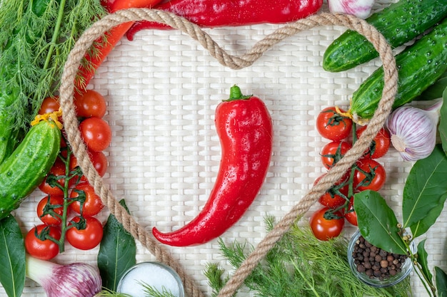 Un coeur composé de légumes et d'un poivron rouge