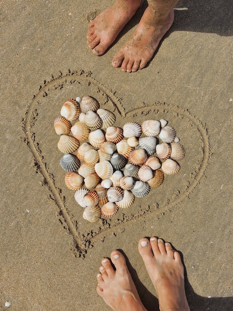 Coeur et coquillages sur les pieds de l'homme et de la femme de sable