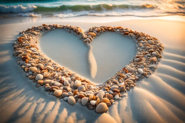 Un cœur de coquillages sur la plage.