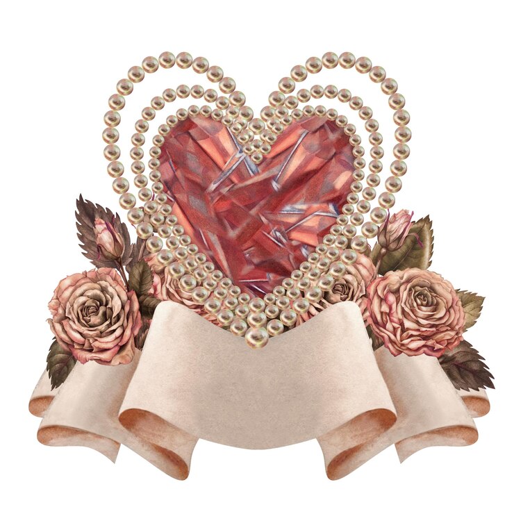 Photo cœur de cristal rouge et ruban de papier beige vide bannière avec des roses roses feuilles vertes aquarelle