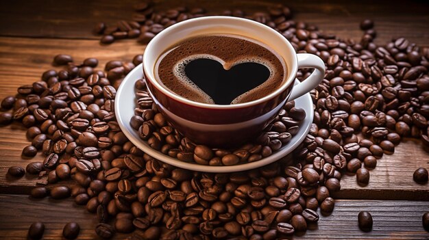 cœur dans une tasse de café des grains de café éparpillés près de la tasse