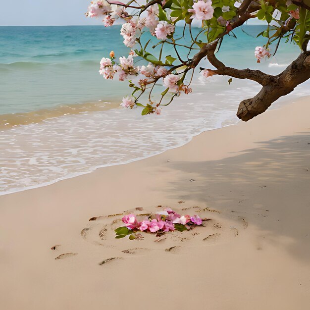 Photo un cœur dessiné dans le sable avec une fleur dans le sables