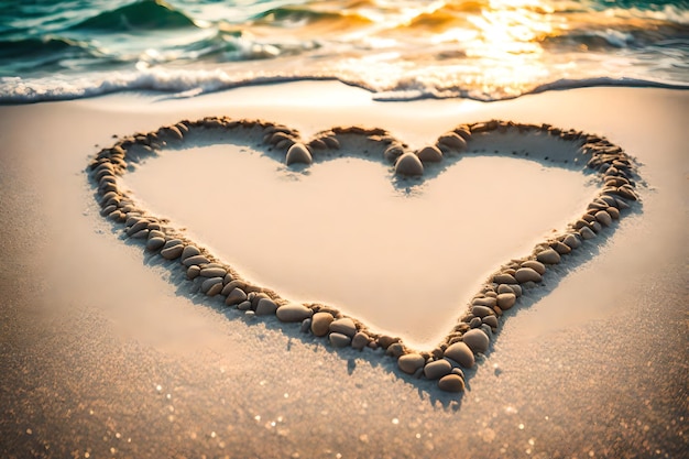 un cœur dessiné dans le sable avec l'océan en arrière-plan