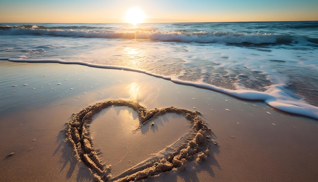 un coeur dessiné dans le sable sur une plage avec le coucher de soleil derrière lui