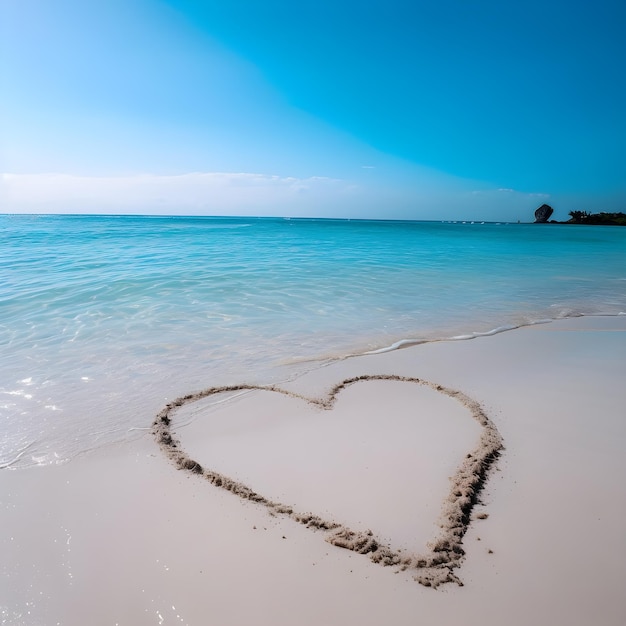 un coeur dessiné dans le sable sur une plage avec l'océan en arrière-plan